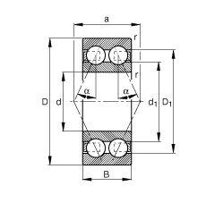 角接觸球軸承 3816-B-TVH, 雙列，接觸角 α = 25°